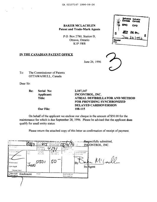 Canadian Patent Document 2107147. Fees 19960626. Image 1 of 1