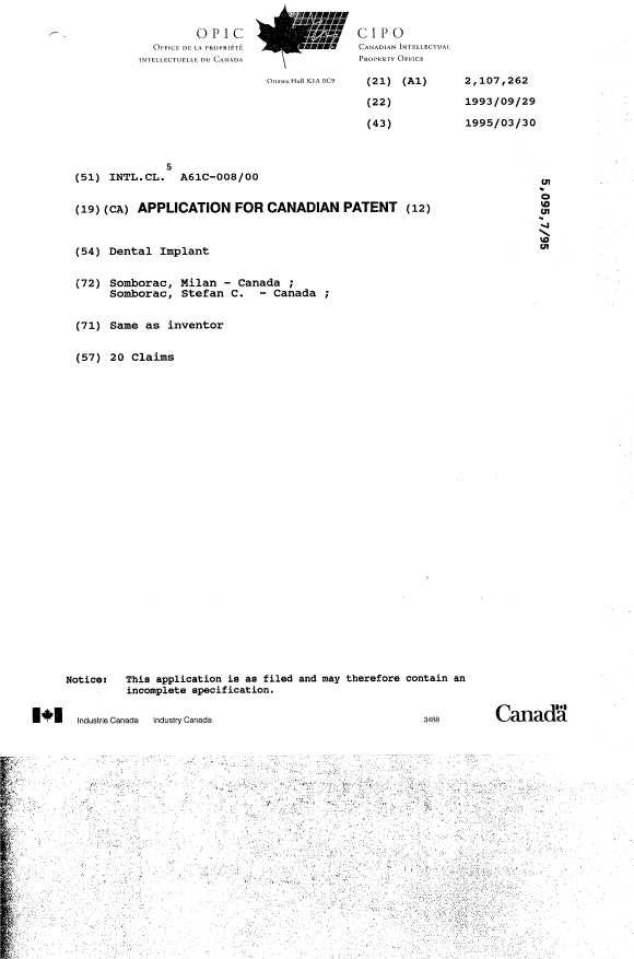 Document de brevet canadien 2107262. Page couverture 19950603. Image 1 de 1