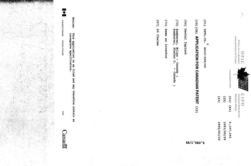 Canadian Patent Document 2107262. Cover Page 19950603. Image 1 of 1