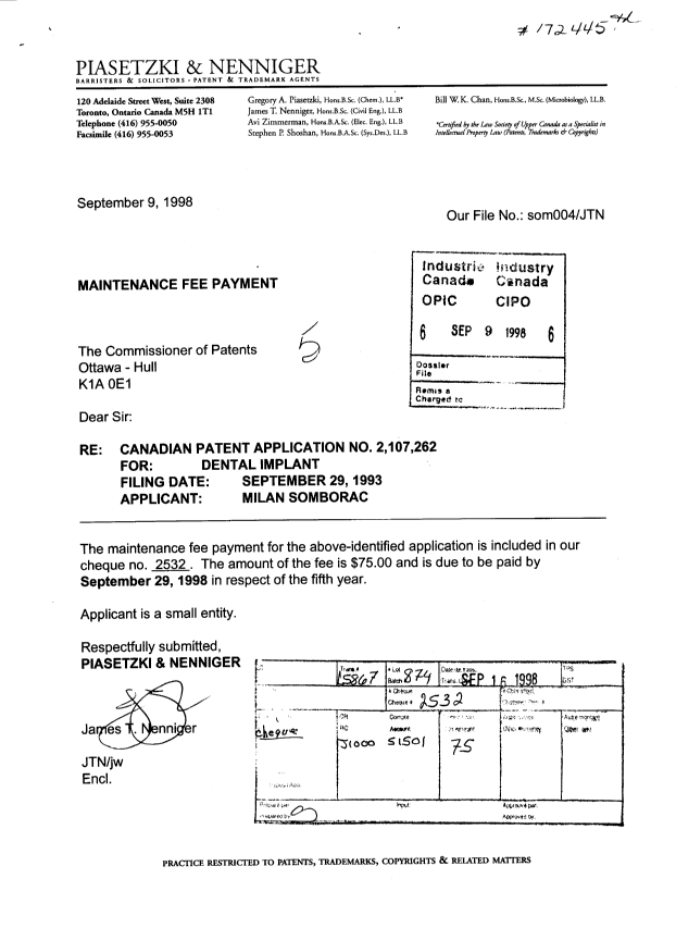 Document de brevet canadien 2107262. Taxes 19980909. Image 1 de 1