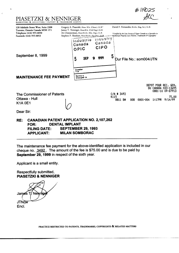 Document de brevet canadien 2107262. Taxes 19990909. Image 1 de 1