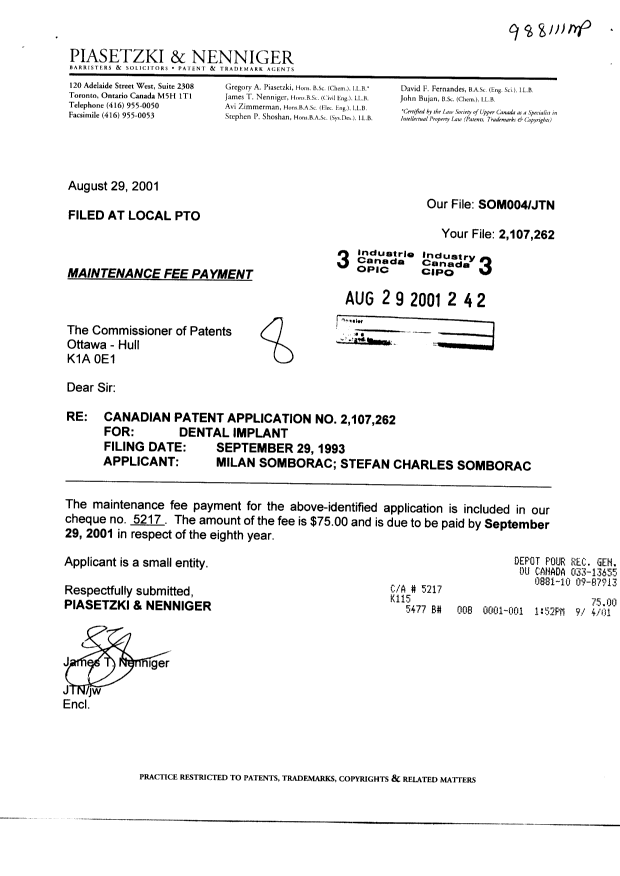 Document de brevet canadien 2107262. Taxes 20010829. Image 1 de 1