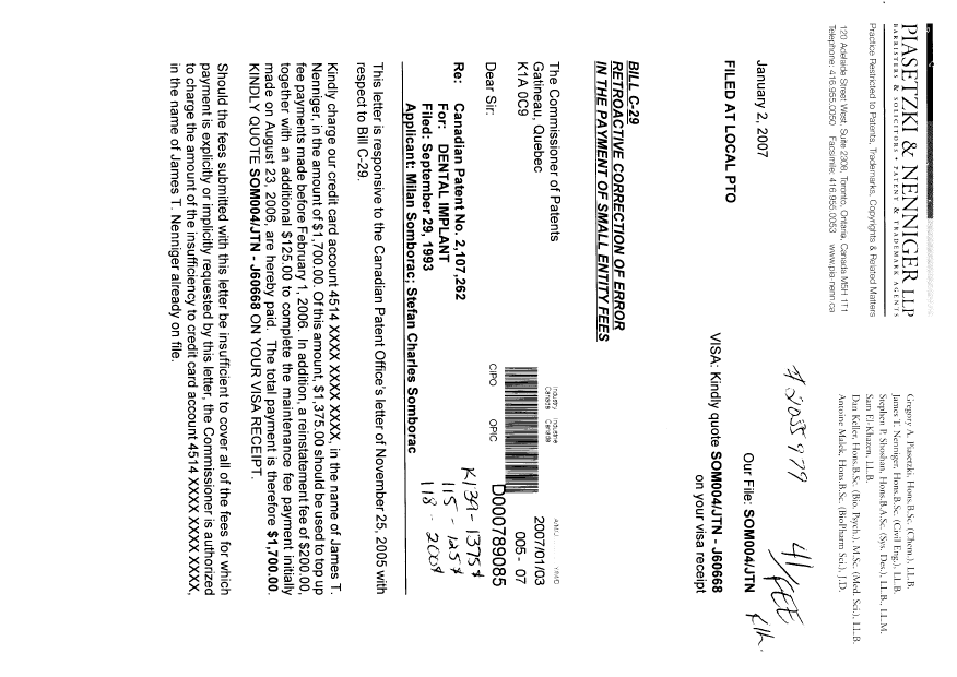 Canadian Patent Document 2107262. Prosecution-Amendment 20070103. Image 1 of 3
