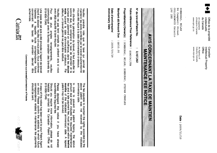 Canadian Patent Document 2107262. Correspondence 20091224. Image 1 of 2