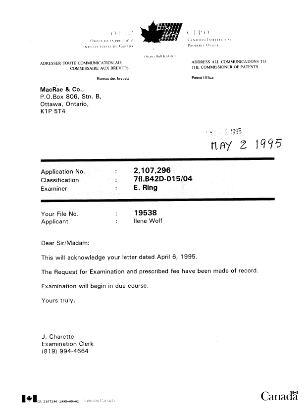 Canadian Patent Document 2107296. Office Letter 19950502. Image 1 of 1