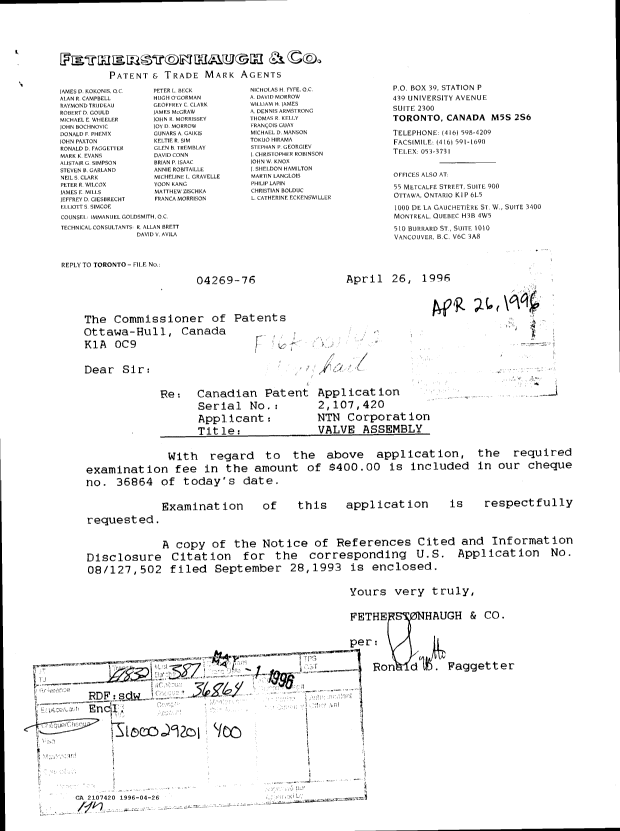 Canadian Patent Document 2107420. Prosecution Correspondence 19960426. Image 1 of 3