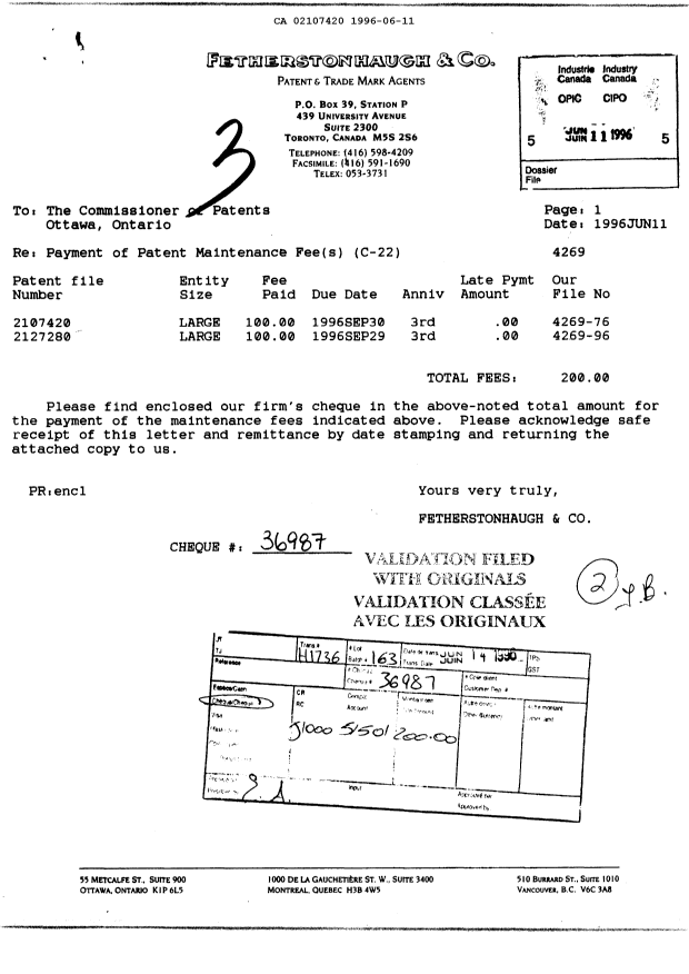 Canadian Patent Document 2107420. Fees 19960611. Image 1 of 1