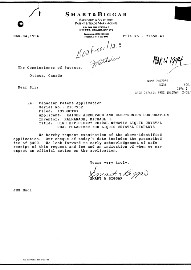 Canadian Patent Document 2107952. Prosecution-Amendment 19931204. Image 1 of 1