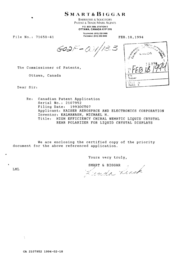 Canadian Patent Document 2107952. Prosecution-Amendment 19931218. Image 1 of 2