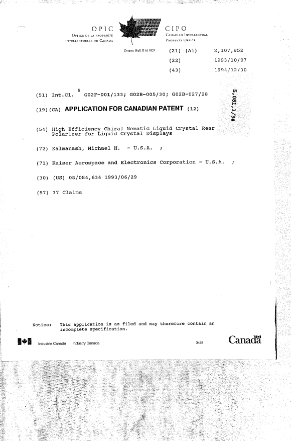 Canadian Patent Document 2107952. Cover Page 19941218. Image 1 of 1