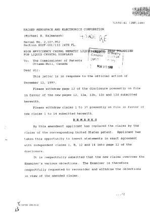 Document de brevet canadien 2107952. Correspondance de la poursuite 19980312. Image 1 de 2