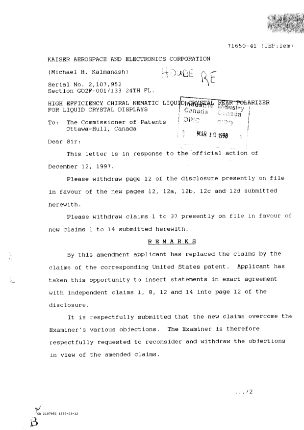 Canadian Patent Document 2107952. Prosecution Correspondence 19980312. Image 1 of 2