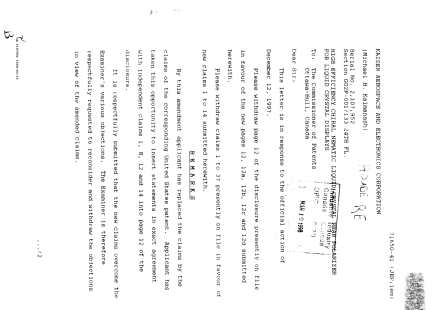 Document de brevet canadien 2107952. Correspondance de la poursuite 19980312. Image 1 de 2