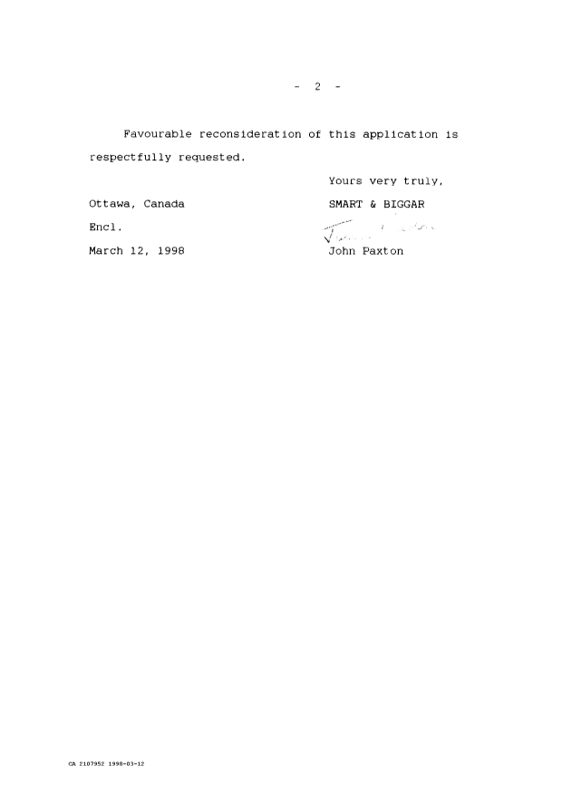 Document de brevet canadien 2107952. Correspondance de la poursuite 19980312. Image 2 de 2
