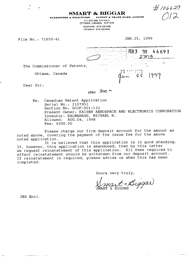 Canadian Patent Document 2107952. Correspondence 19981225. Image 1 of 1