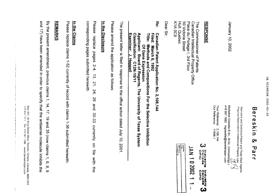 Canadian Patent Document 2108144. Prosecution-Amendment 20020110. Image 1 of 28