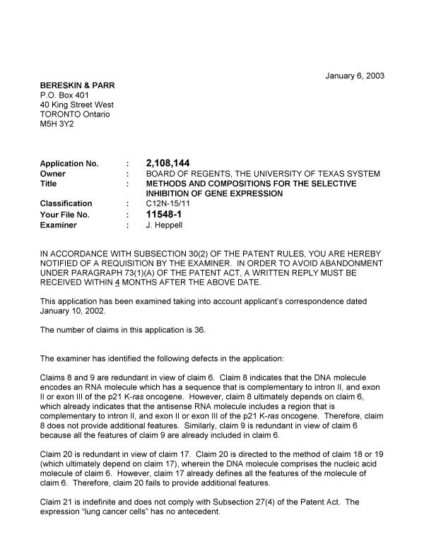 Canadian Patent Document 2108144. Prosecution-Amendment 20030106. Image 1 of 2