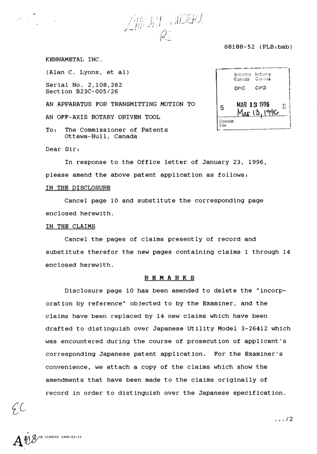 Canadian Patent Document 2108262. Prosecution Correspondence 19960313. Image 1 of 8