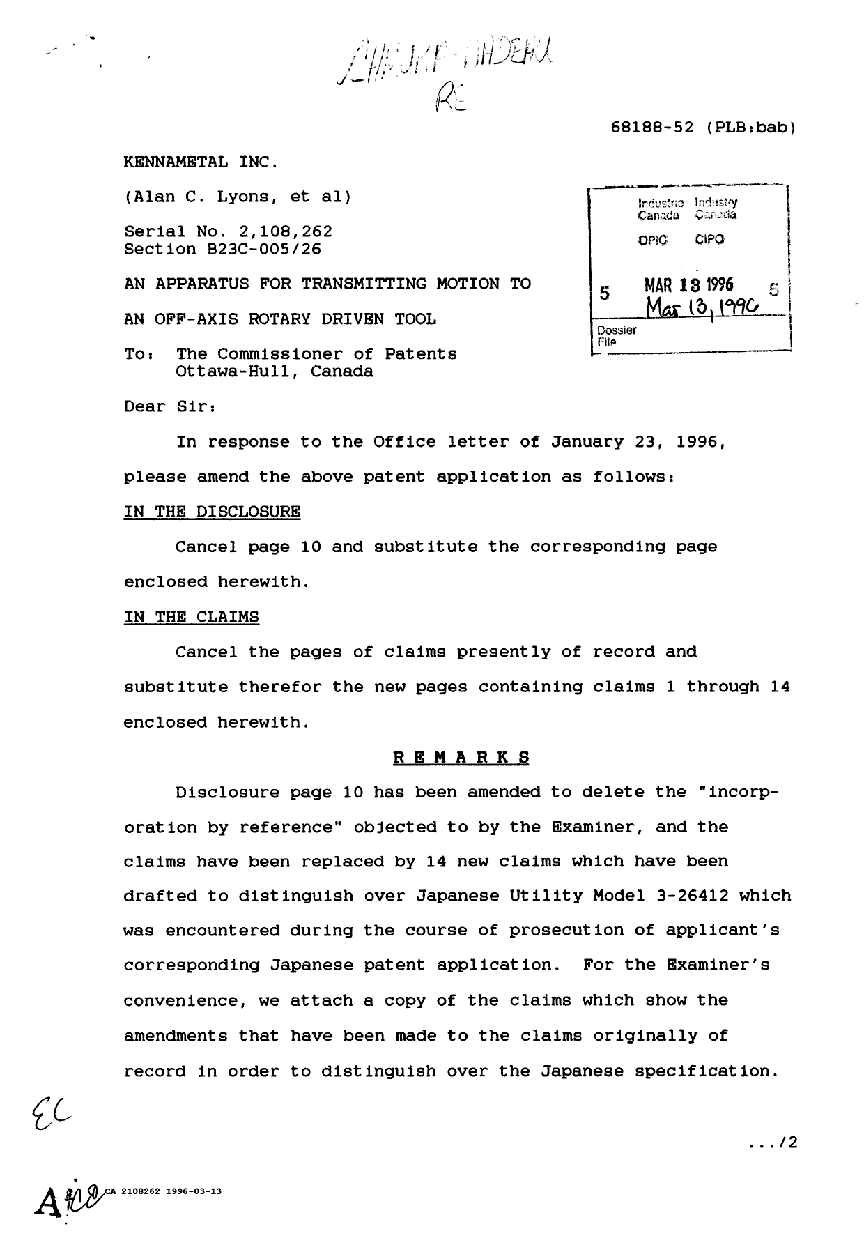 Document de brevet canadien 2108262. Correspondance de la poursuite 19960313. Image 1 de 8