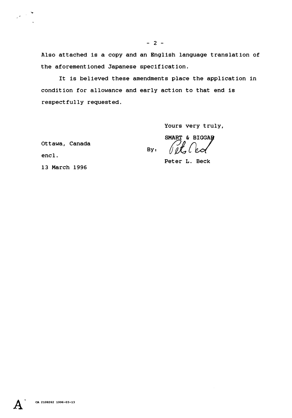 Canadian Patent Document 2108262. Prosecution Correspondence 19960313. Image 2 of 8