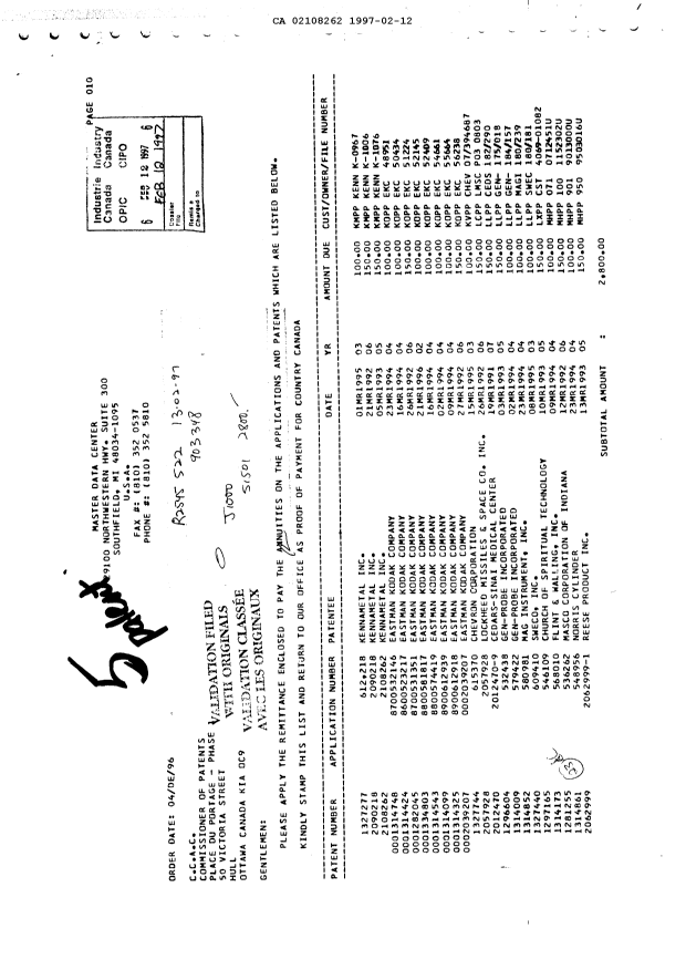 Document de brevet canadien 2108262. Taxes 19970212. Image 1 de 1