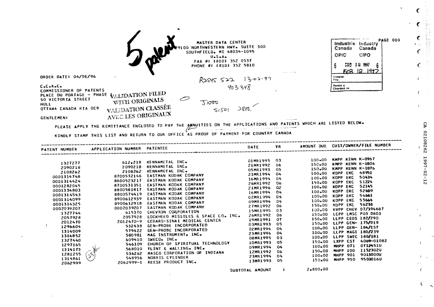 Canadian Patent Document 2108262. Fees 19970212. Image 1 of 1