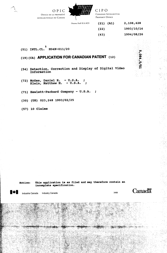 Canadian Patent Document 2108428. Cover Page 19940826. Image 1 of 1