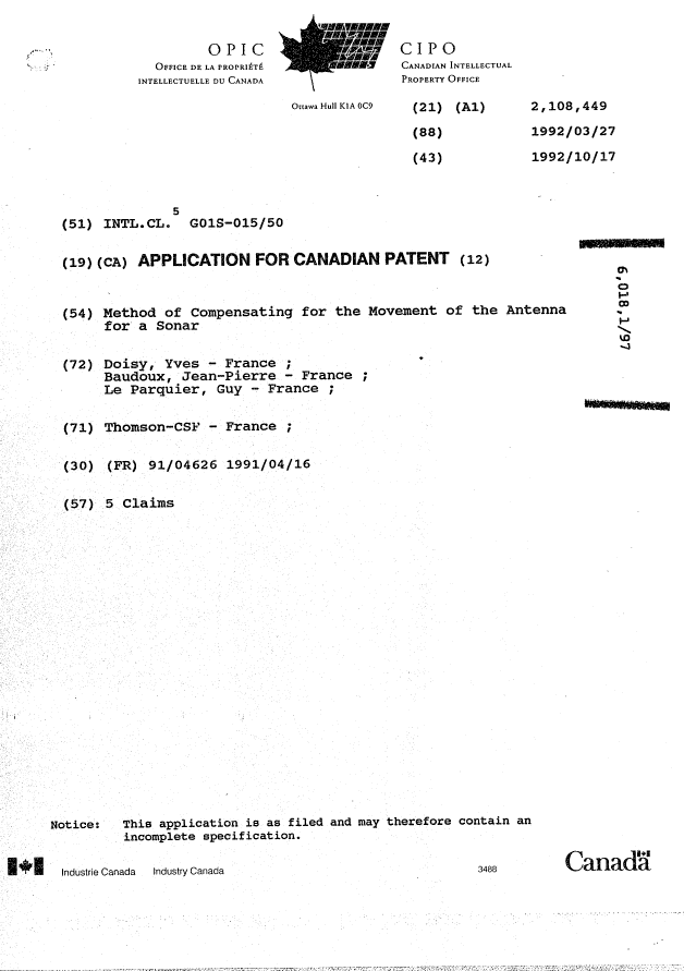 Canadian Patent Document 2108449. Cover Page 19921017. Image 1 of 1