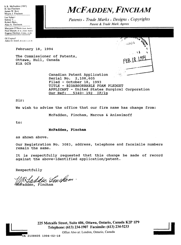 Canadian Patent Document 2108605. PCT Correspondence 19931218. Image 1 of 1