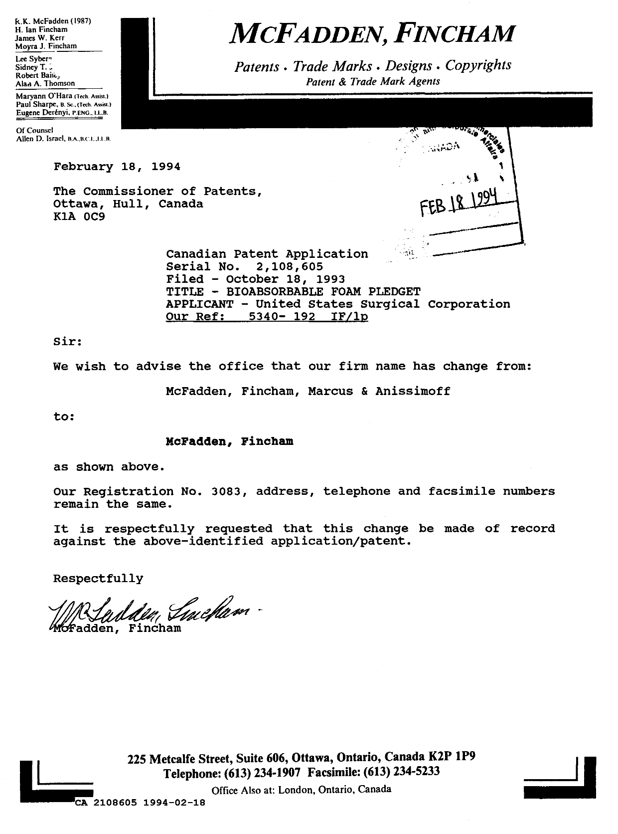 Canadian Patent Document 2108605. PCT Correspondence 19931218. Image 1 of 1