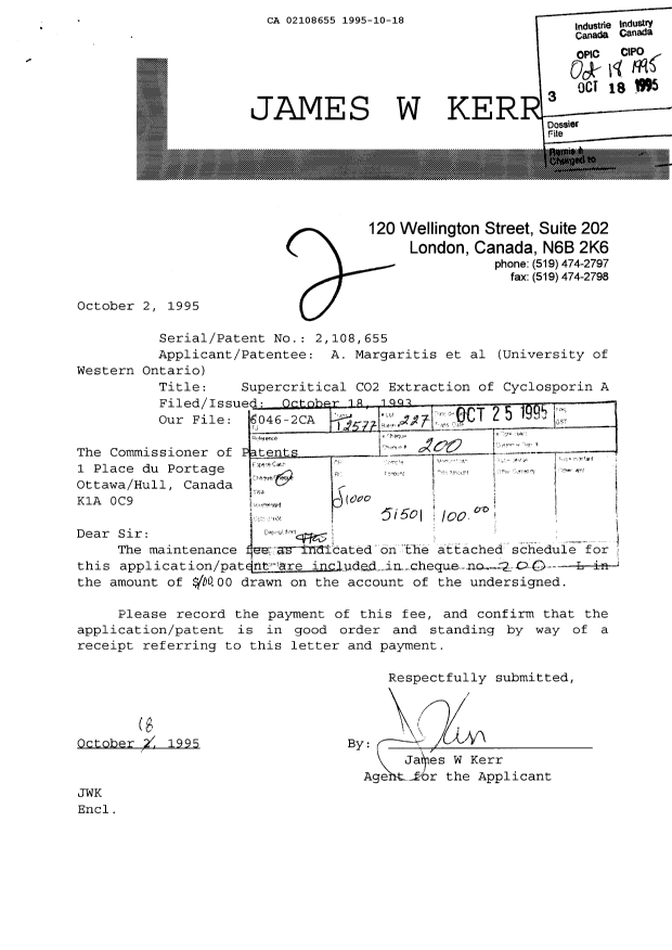 Canadian Patent Document 2108655. Fees 19951018. Image 1 of 1
