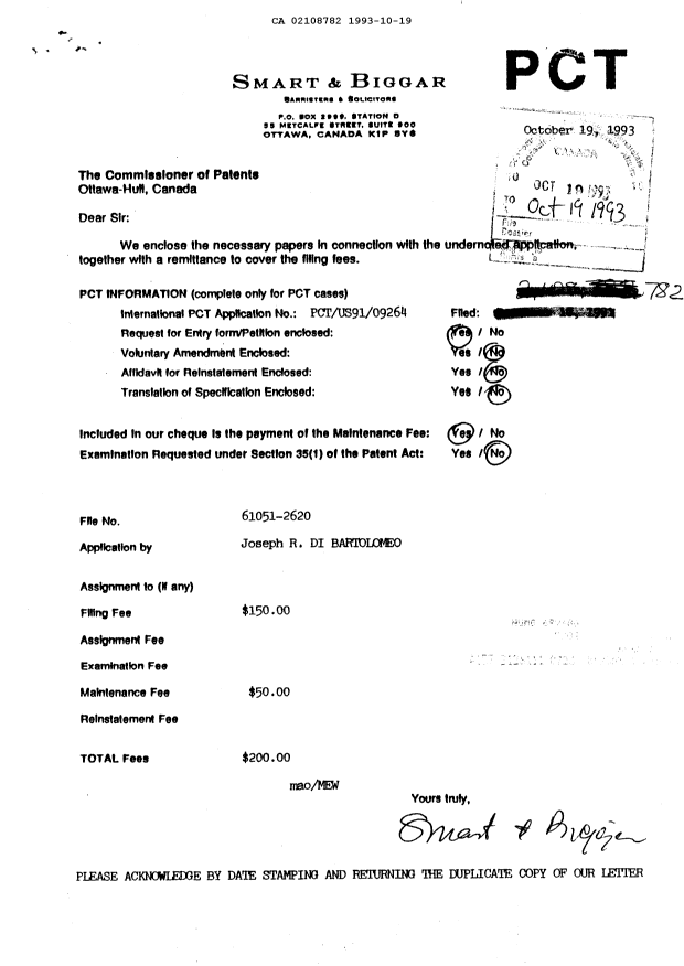 Document de brevet canadien 2108782. Taxes 19931019. Image 1 de 1
