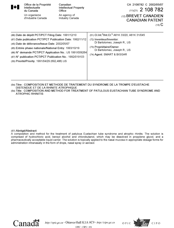 Document de brevet canadien 2108782. Page couverture 20020417. Image 1 de 1