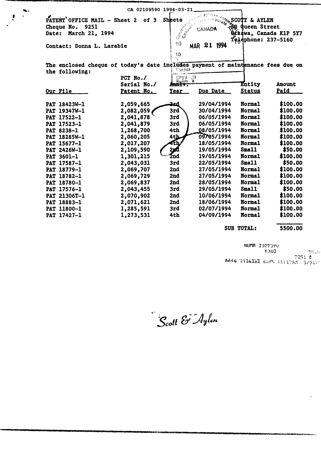 Document de brevet canadien 2109590. Taxes 19931221. Image 1 de 1