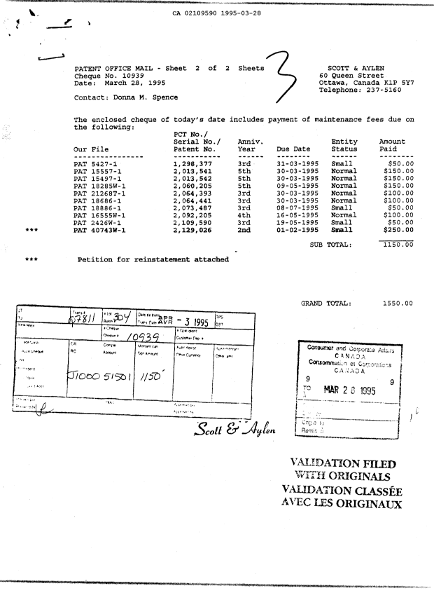Canadian Patent Document 2109590. Fees 19941228. Image 1 of 1