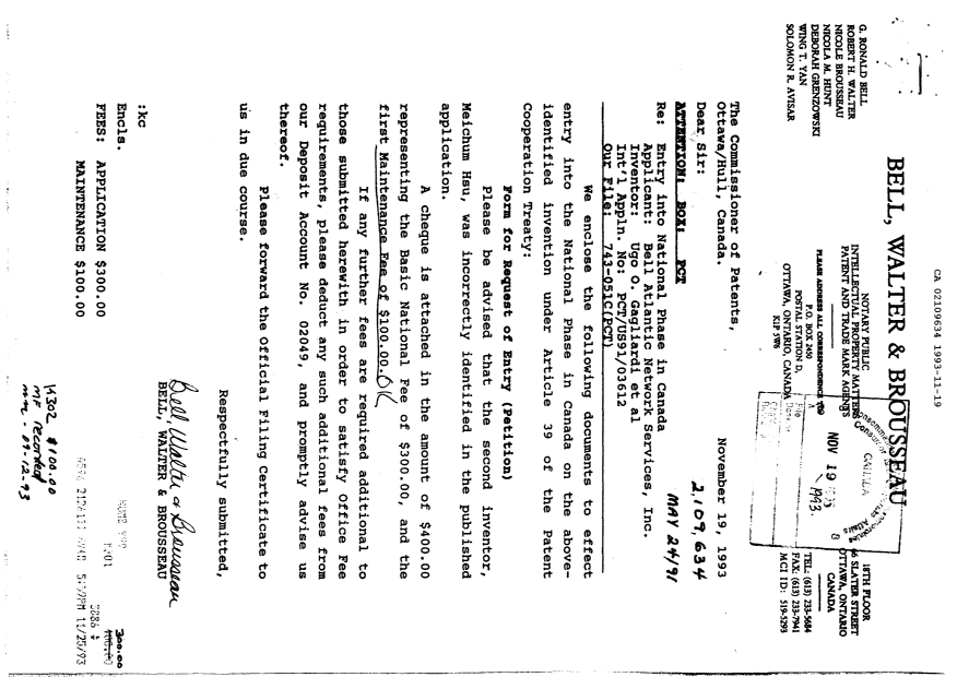 Canadian Patent Document 2109634. Fees 19931119. Image 1 of 1