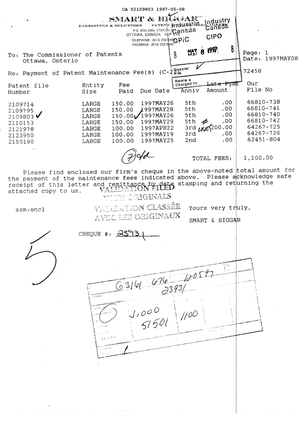 Canadian Patent Document 2109803. Fees 19961208. Image 1 of 1