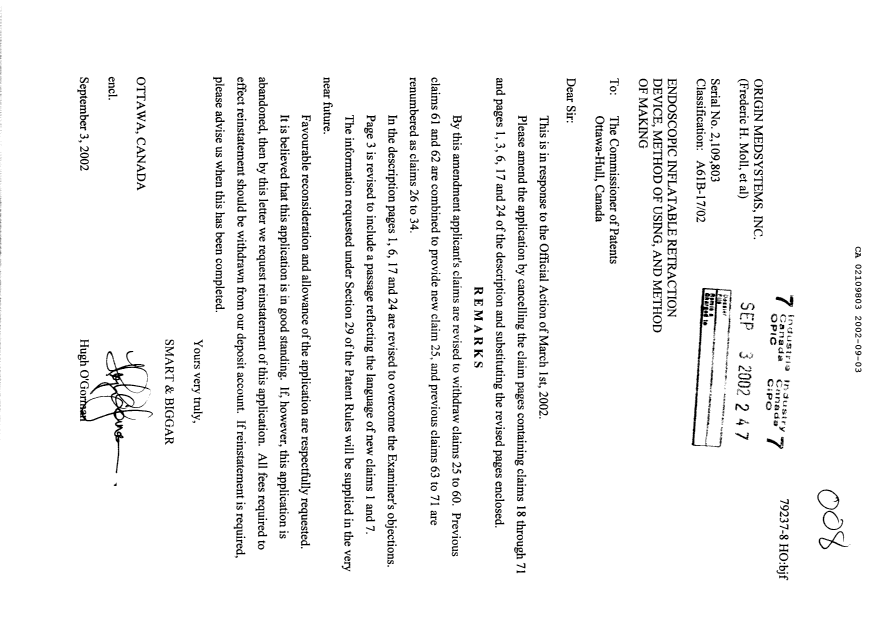 Document de brevet canadien 2109803. Poursuite-Amendment 20011203. Image 1 de 18