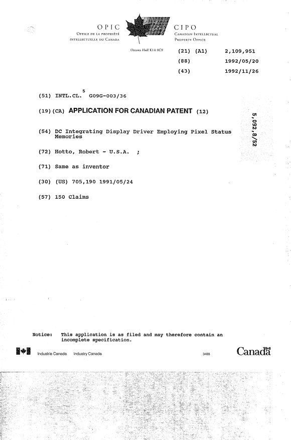 Document de brevet canadien 2109951. Page couverture 19950513. Image 1 de 1