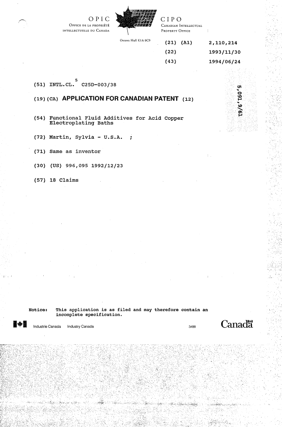 Canadian Patent Document 2110214. Cover Page 19950513. Image 1 of 1