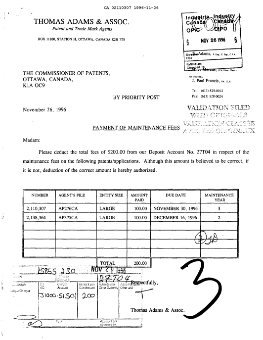 Document de brevet canadien 2110307. Taxes 19961126. Image 1 de 1