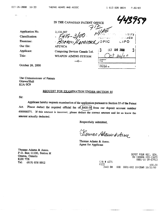 Canadian Patent Document 2110307. Prosecution-Amendment 19991226. Image 1 of 1