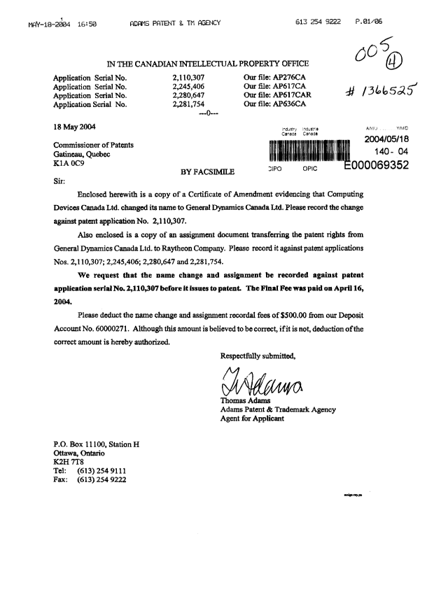 Document de brevet canadien 2110307. Cession 20040518. Image 1 de 6