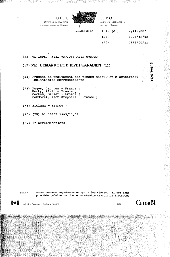 Canadian Patent Document 2110527. Cover Page 19941205. Image 1 of 1
