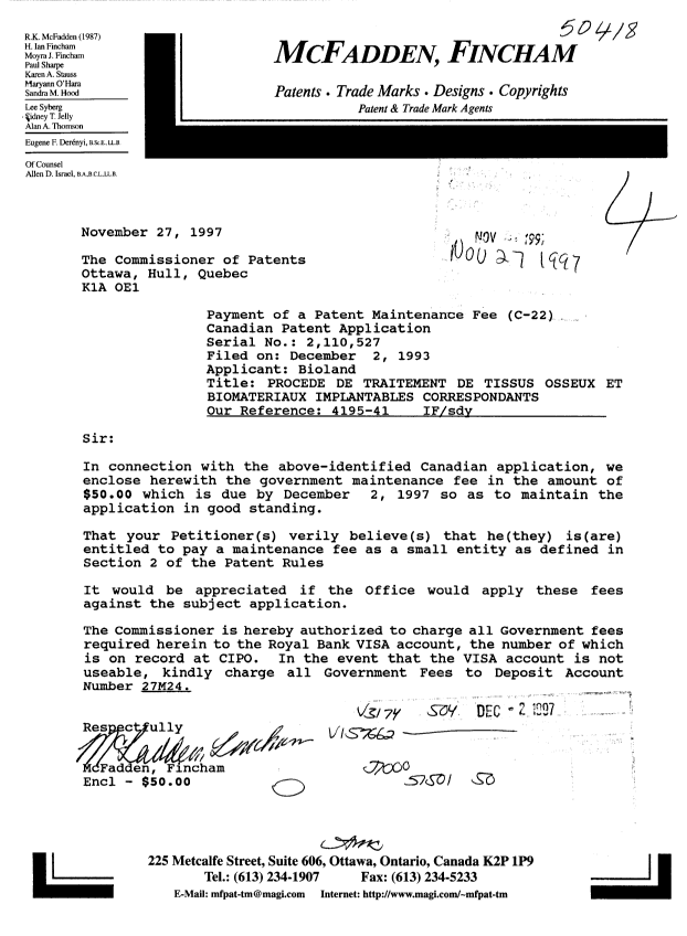 Canadian Patent Document 2110527. Fees 19961227. Image 1 of 1