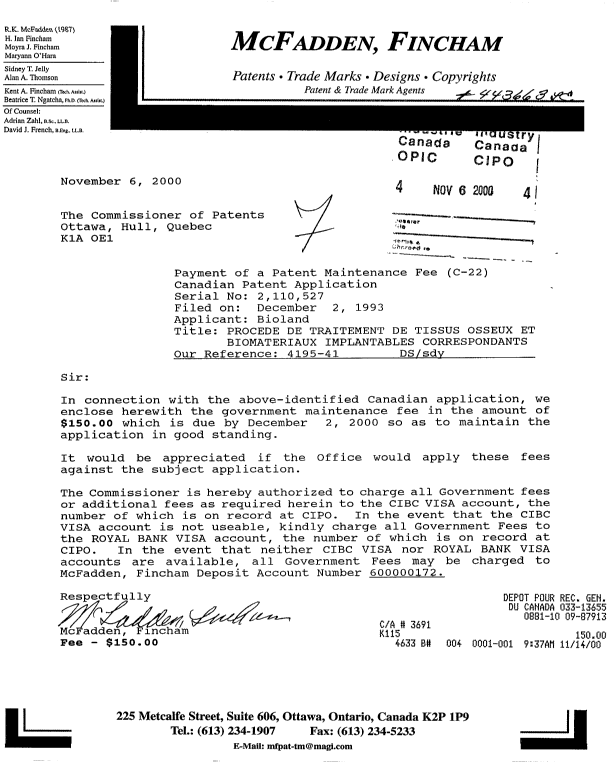 Canadian Patent Document 2110527. Fees 19991206. Image 1 of 1