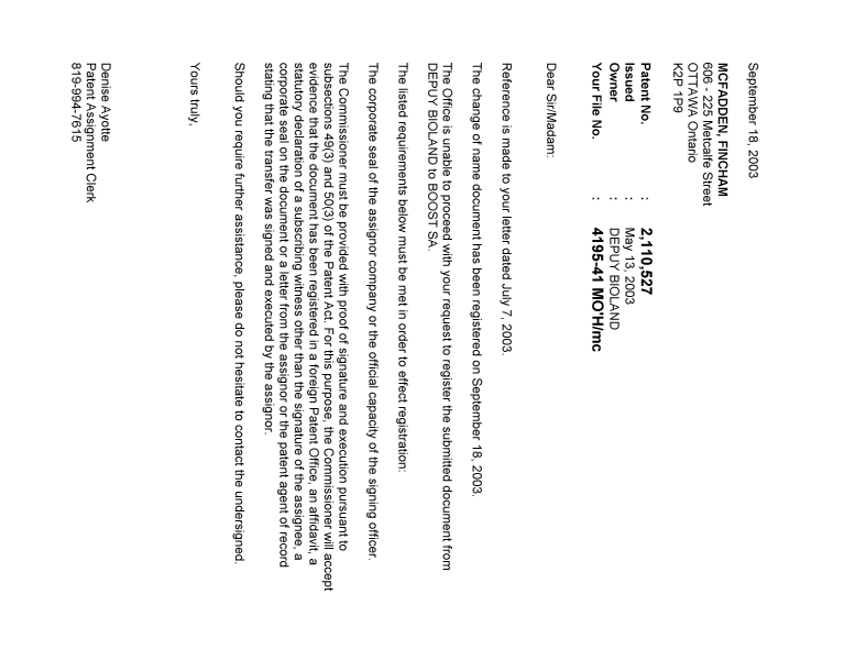 Document de brevet canadien 2110527. Correspondance 20021226. Image 1 de 1