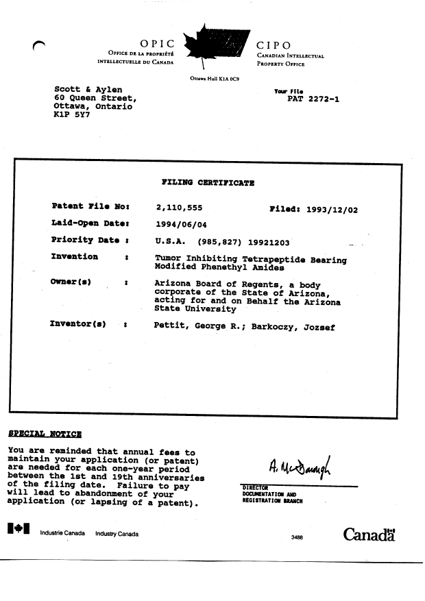 Document de brevet canadien 2110555. Cession 19921202. Image 9 de 9