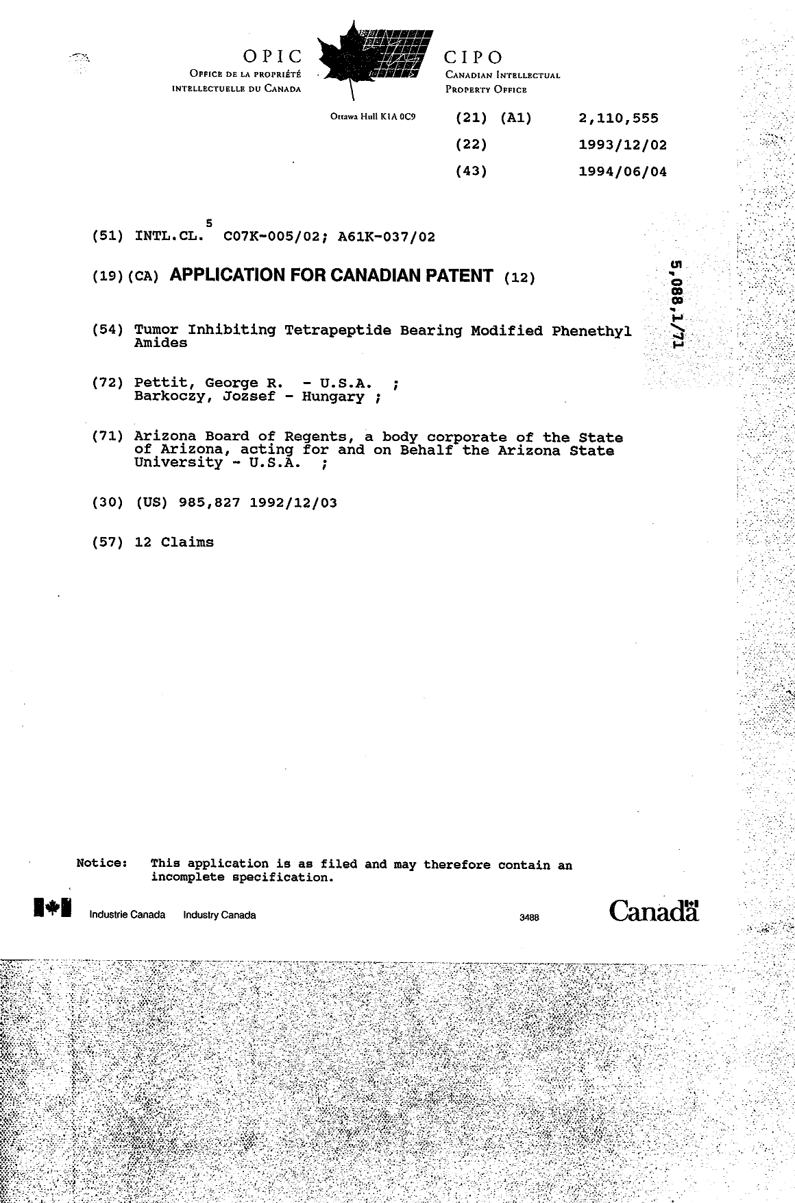 Document de brevet canadien 2110555. Page couverture 19950608. Image 1 de 1