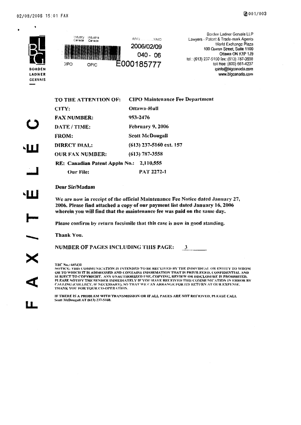 Canadian Patent Document 2110555. Correspondence 20051209. Image 1 of 3
